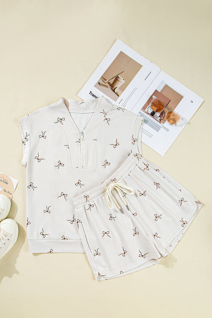 Beige Bow Print Half Zip Tank and Shorts 2pcs Set