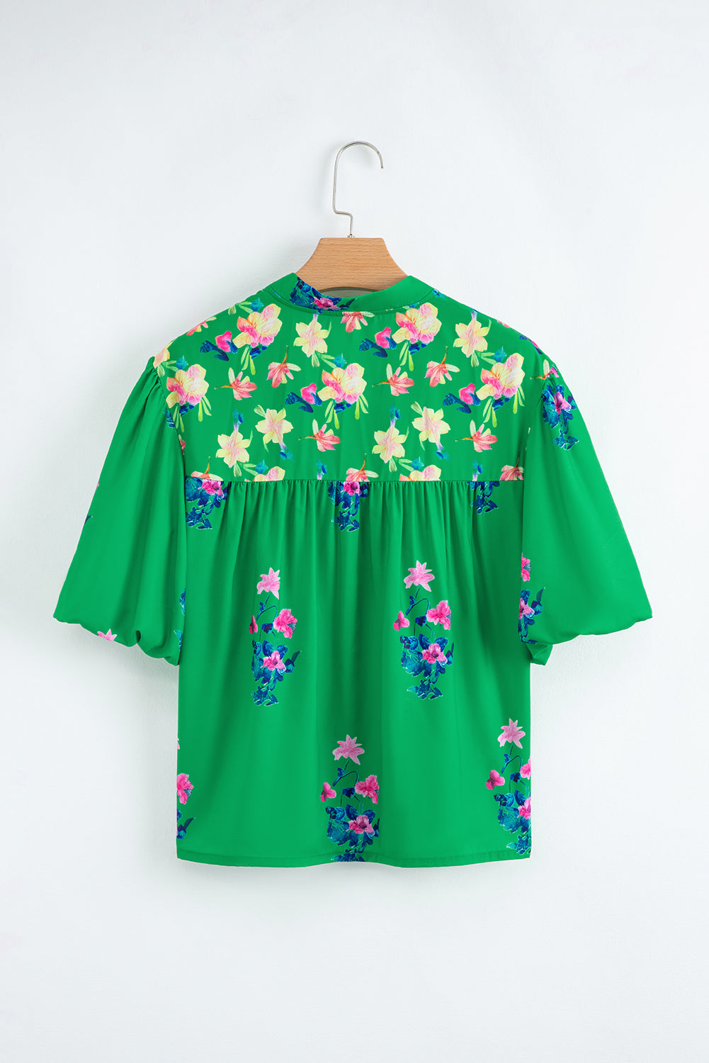 Green Floral Detail Tie Split Neck Short Sleeve Blouse