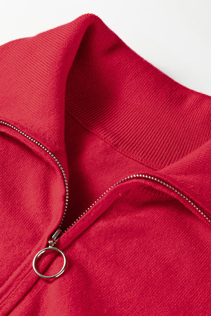 Fiery Red Quarter Zip Striped Detail Short Sleeve Sweater