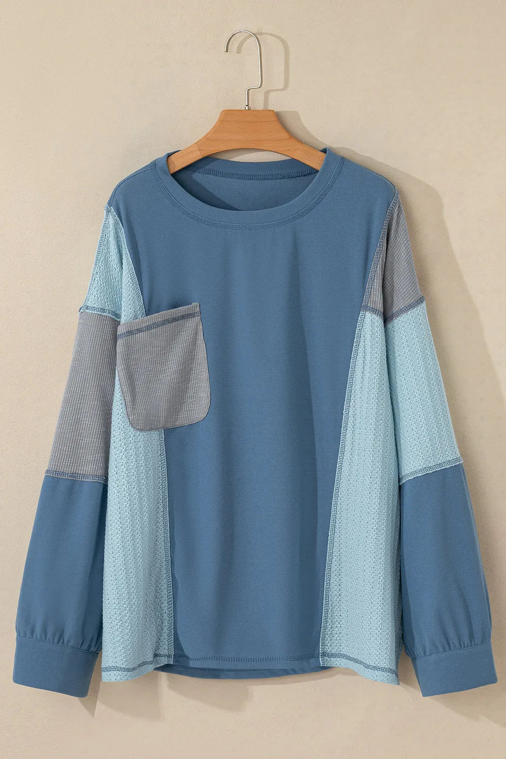 Dusk Blue Colorblock Stitching Patchwork Buttoned Long Sleeve Top - Chic Meadow Boutique 