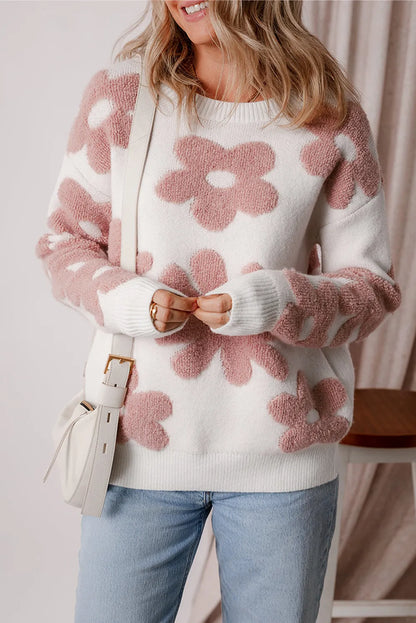 White Textured Flower Drop Shoulder Loose Sweater - Chic Meadow Boutique 