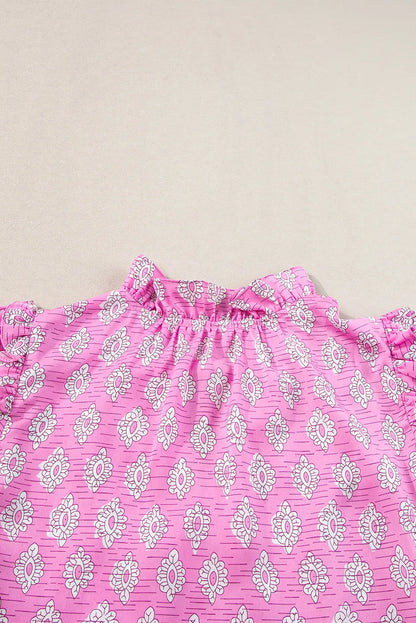 Pink Vintage Floral Ruffled Split Neck Short Sleeve Blouse - Chic Meadow Boutique 