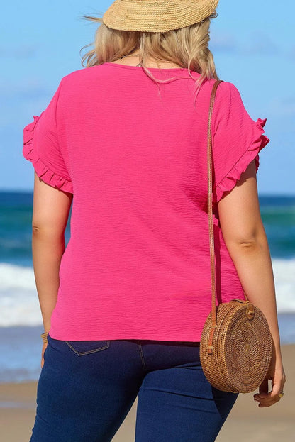 Plus Size/Plus Size Tops/Plus Size Tops & Tees Bright Pink Ruffled Short Sleeve Plus Size Top