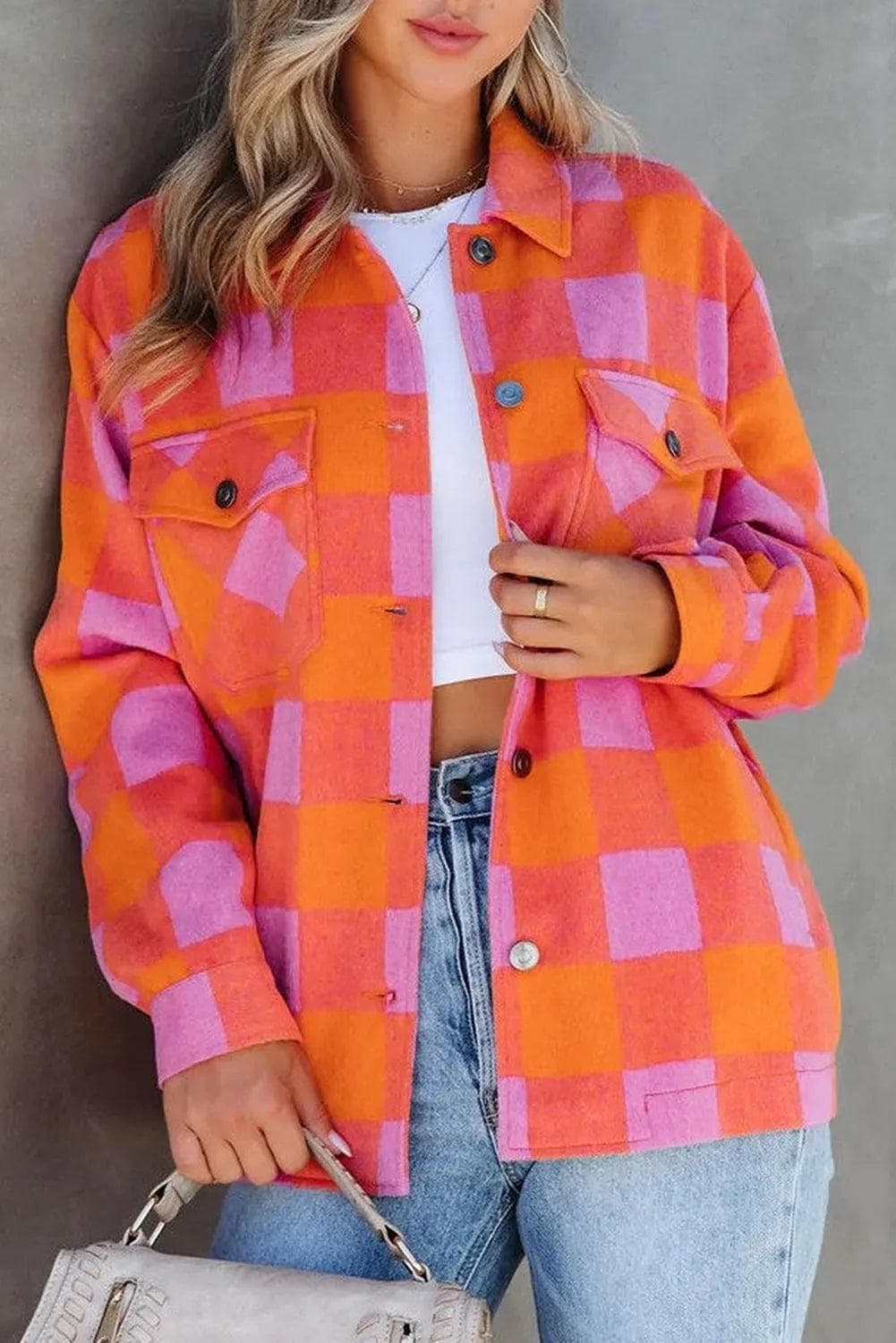 Outerwear/Jackets Orange / S / 100%Polyester Orange Plaid Chest Pockets Button-up Turn Down Collar Jacket