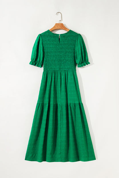 Dark Green Solid Textured Smocked Puff Short Sleeve High Waist Long Dress