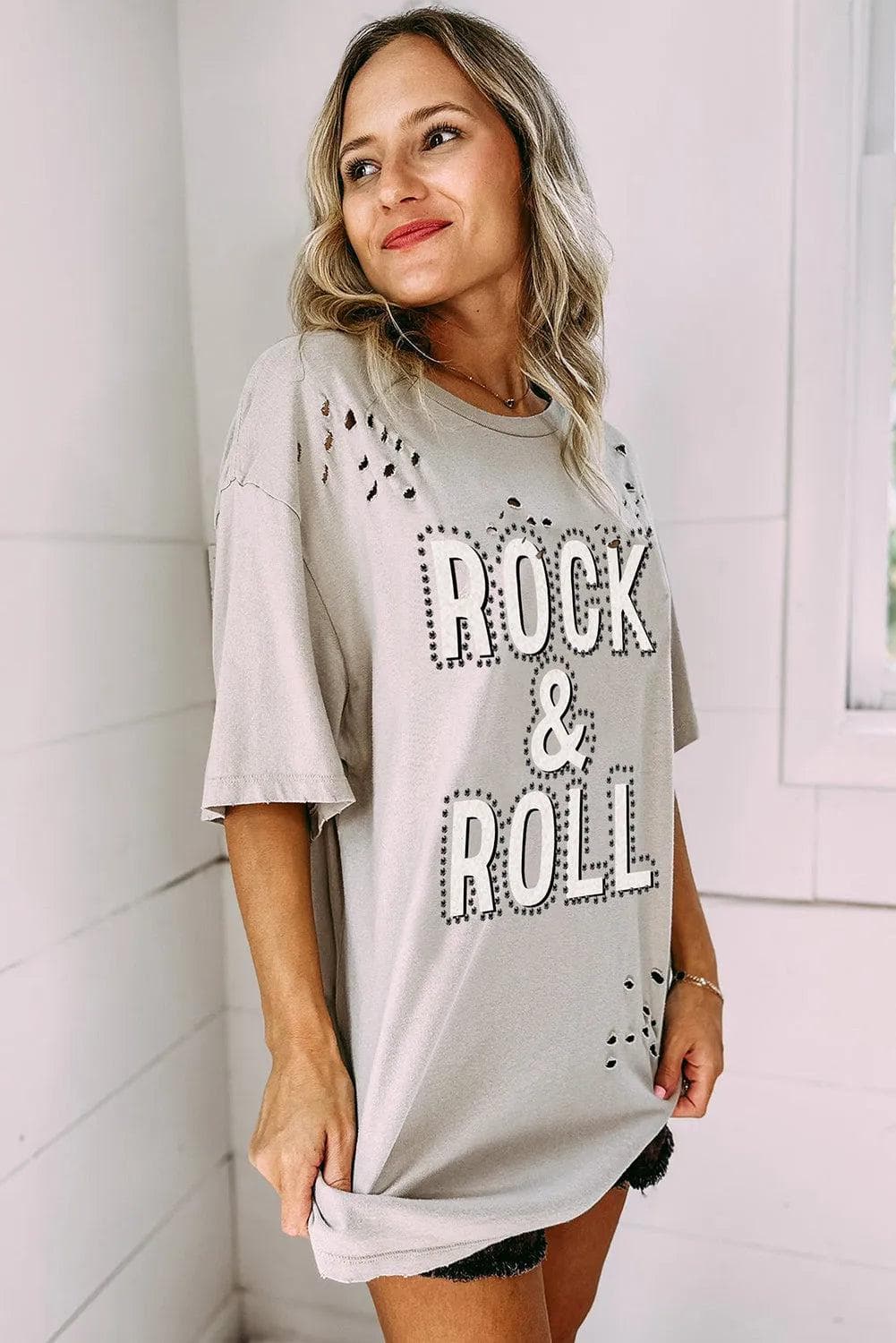 Tops/Tops & Tees Gray Rock & Roll Graphic Distressed Vintage Tee