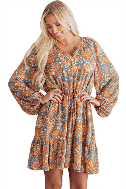 Orange Paisley Print Loose Fit Drawstring High Waist Mini Dress