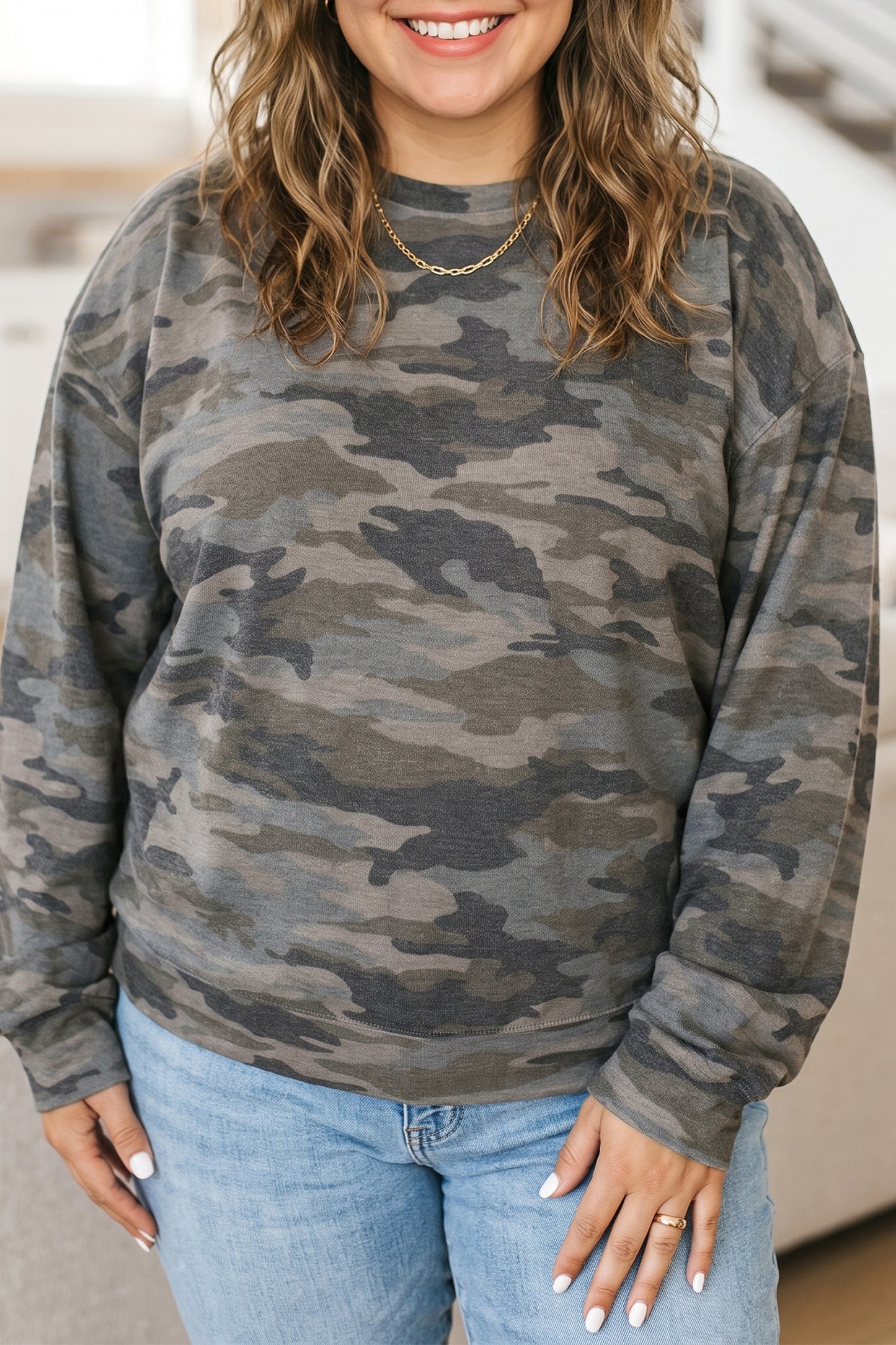 Green Camo Print Long Sleeve Plus Size Blouse