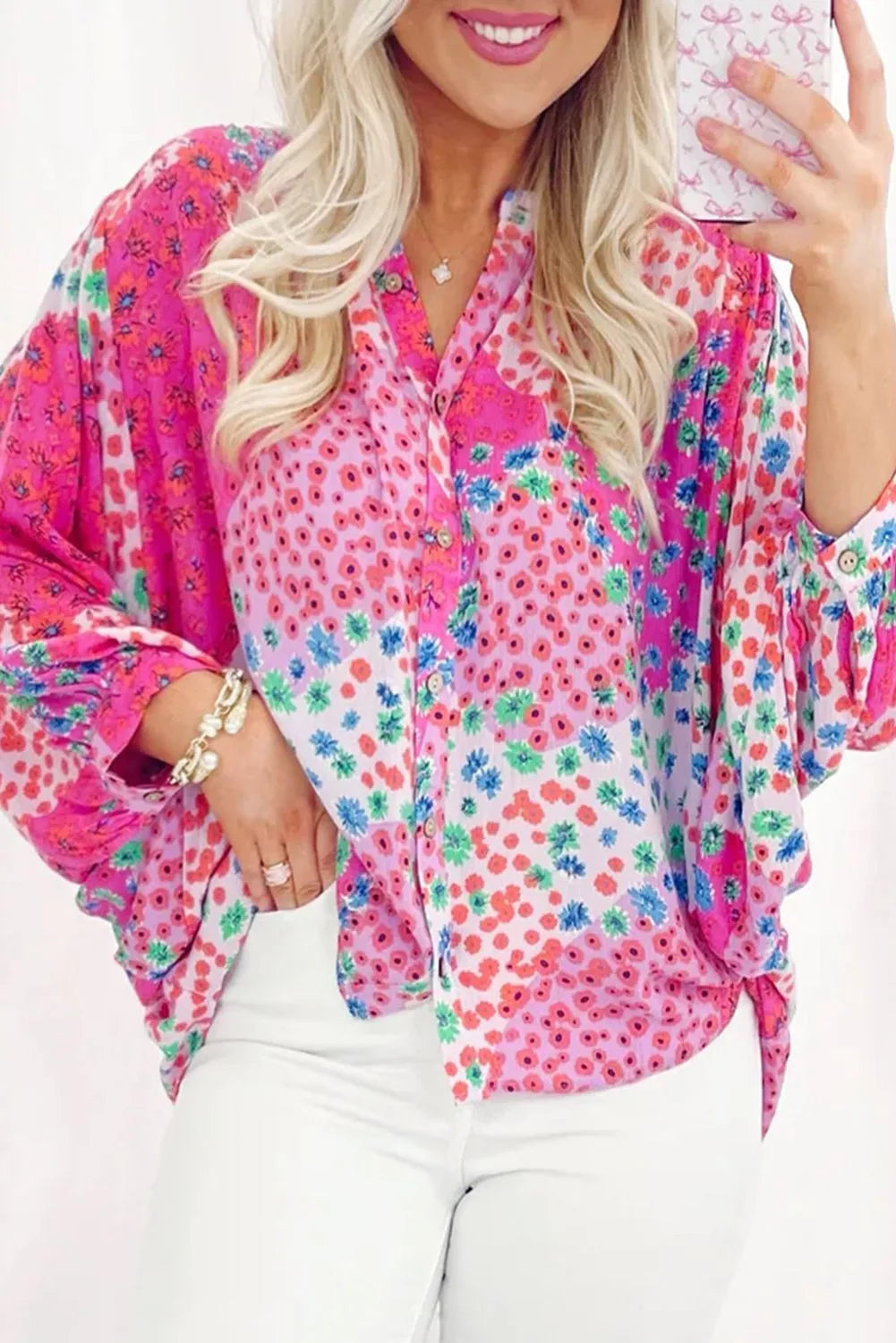 Rose Red Floral Allover Print Buttoned V Neck Oversized Shirt - Chic Meadow Boutique 