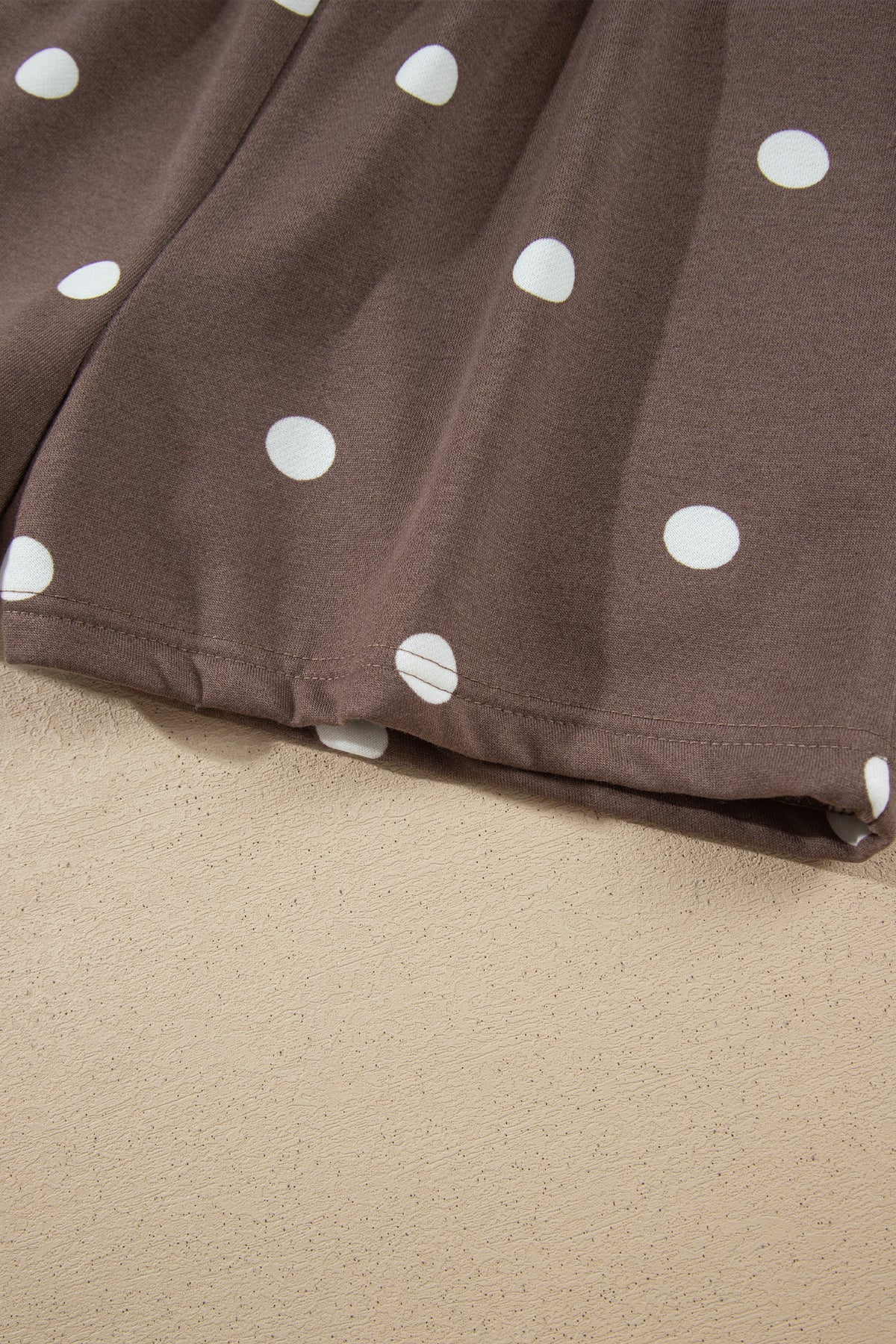 Brown Polka Dot Ribbed Trim Long Sleeve Top Casual Short Set