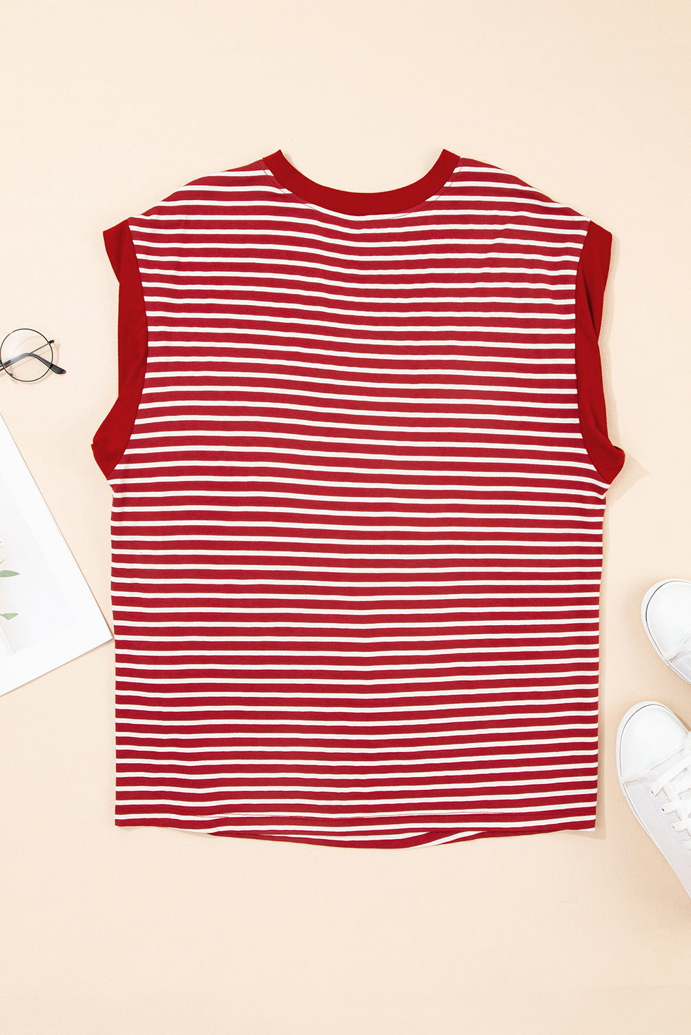 Red Stripe Chest Pocket Patch Round Neck Tank Top