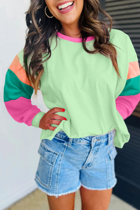 Green Colorblock Patchwork Long Sleeve Loose Top - Chic Meadow Boutique 