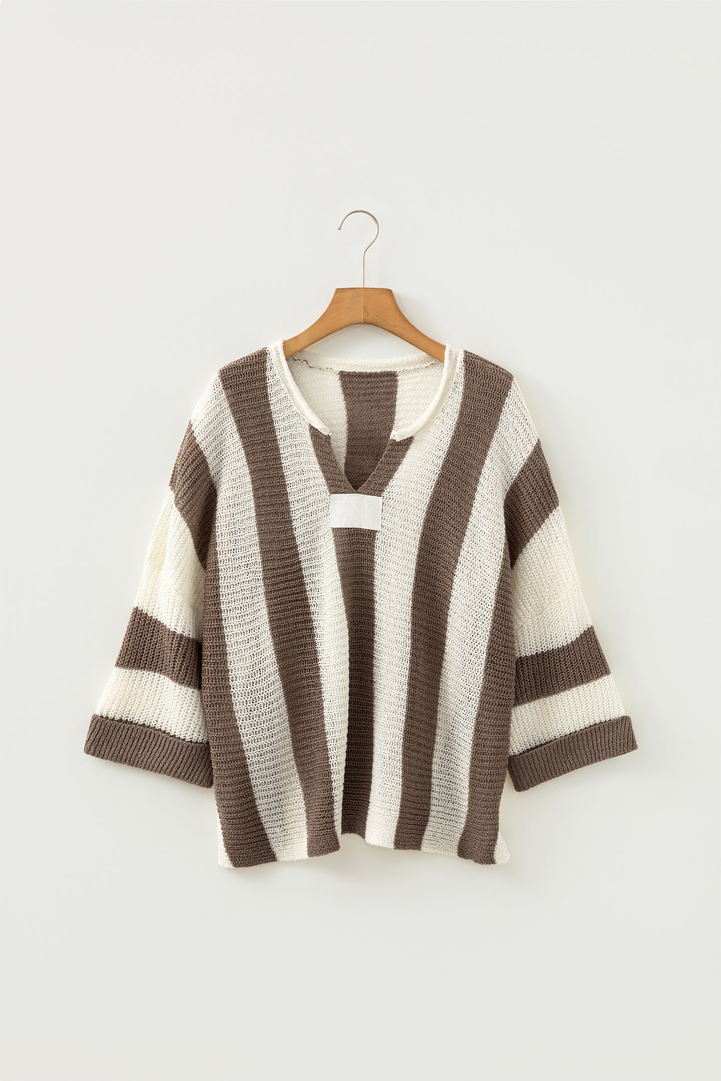 Brown Stripe Colorblock V Neck Bracelet Sleeve Sweater