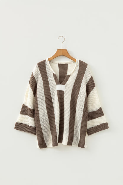 Brown Stripe Colorblock V Neck Bracelet Sleeve Sweater