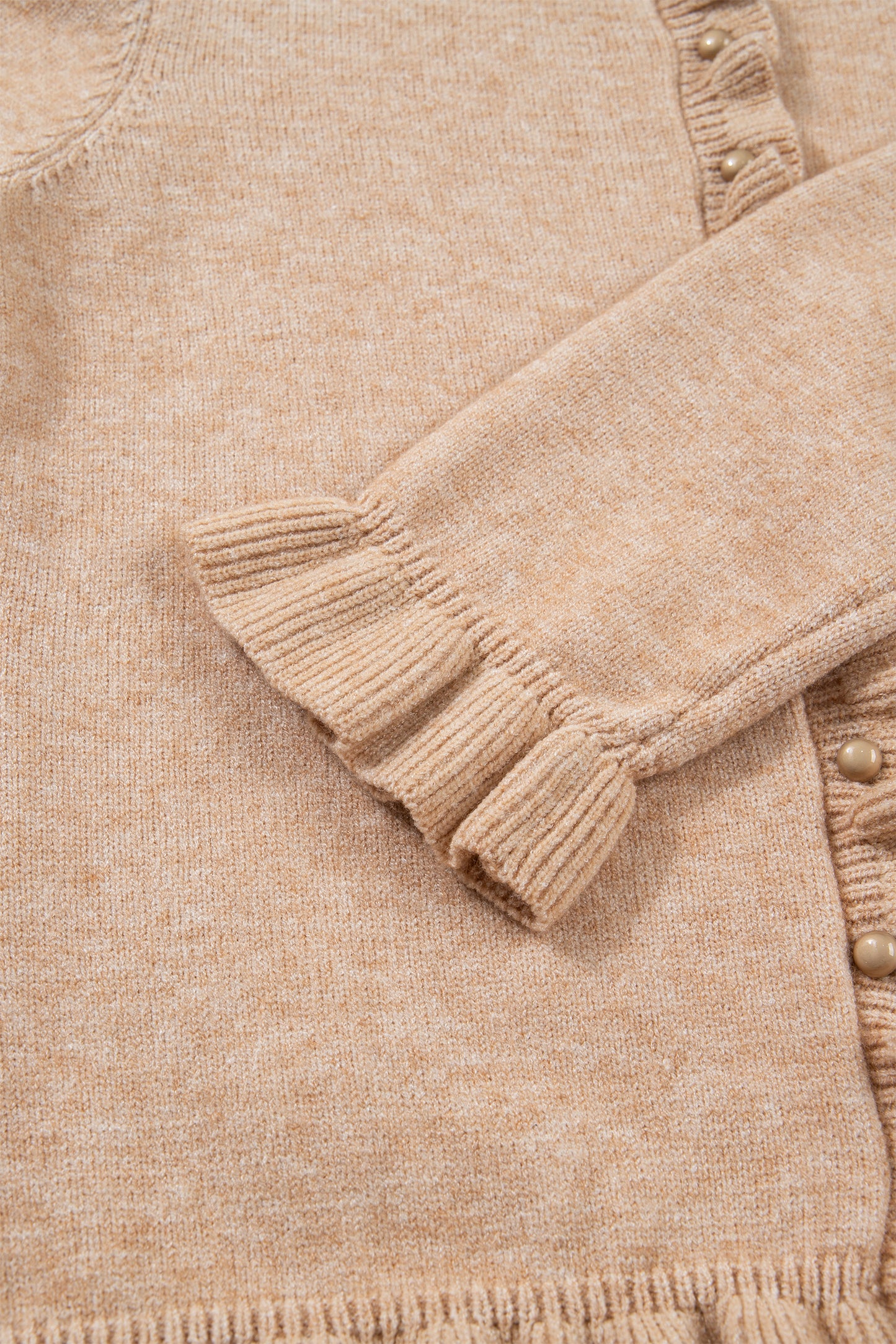 Oatmeal Ruffle Trim Gold Button Sweater Cardigan