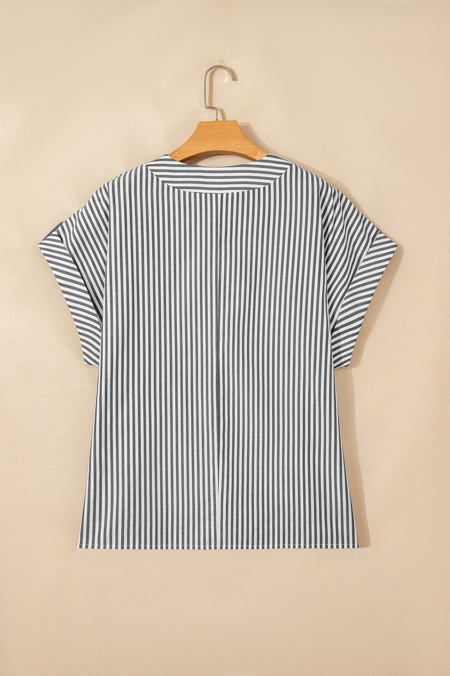 Black Stripe Plus Size V Neck Roll-tab Short Dolman Sleeve Blouse