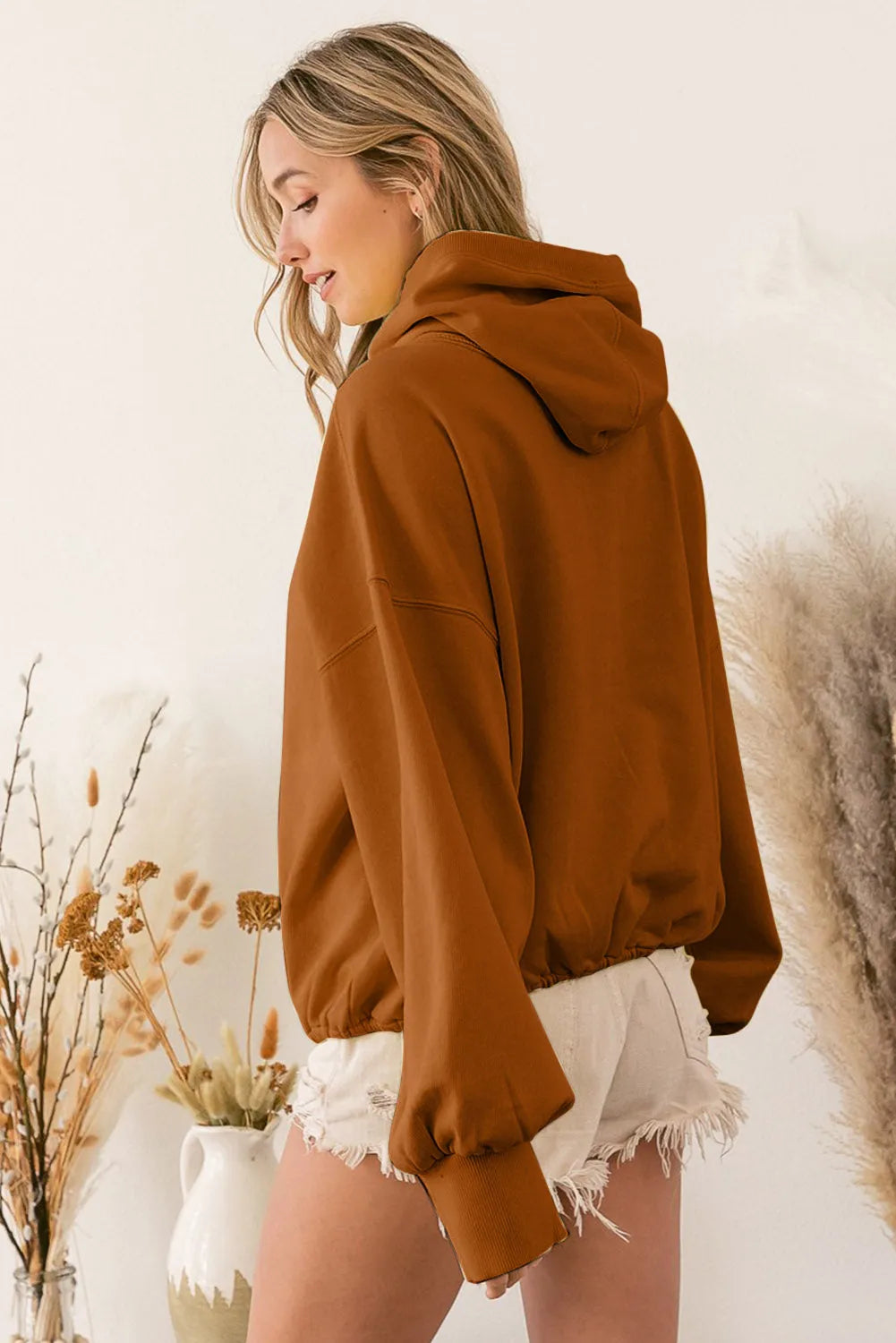 Brown Ribbed Trim Kangaroo Pocket Zipped Hoodie - Chic Meadow Boutique 