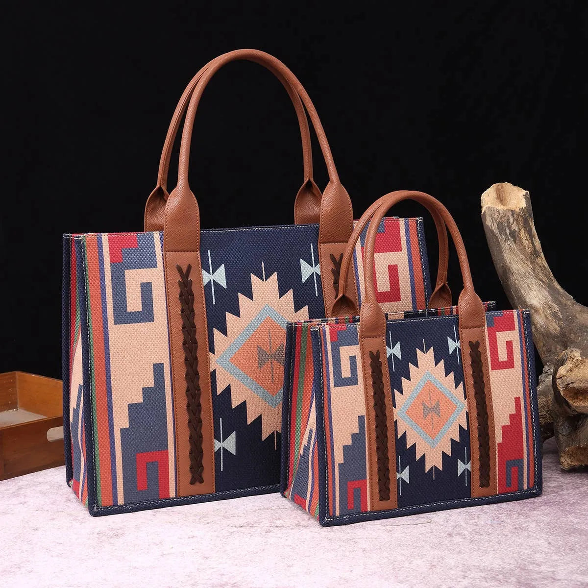 Women's Crossbody Bag Bohemian Retro Western Printed Handbag - Navy Blue and Brown - Chic Meadow Boutique 