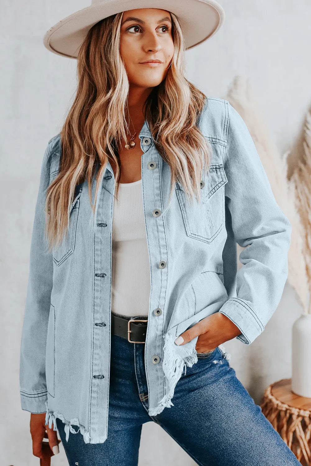 Sky Blue Flap Pocket Buttoned Raw Hem Denim Jacket - Chic Meadow Boutique 