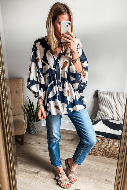 Sail Blue Abstract Floral Print Puff Sleeve Half Button Blouse