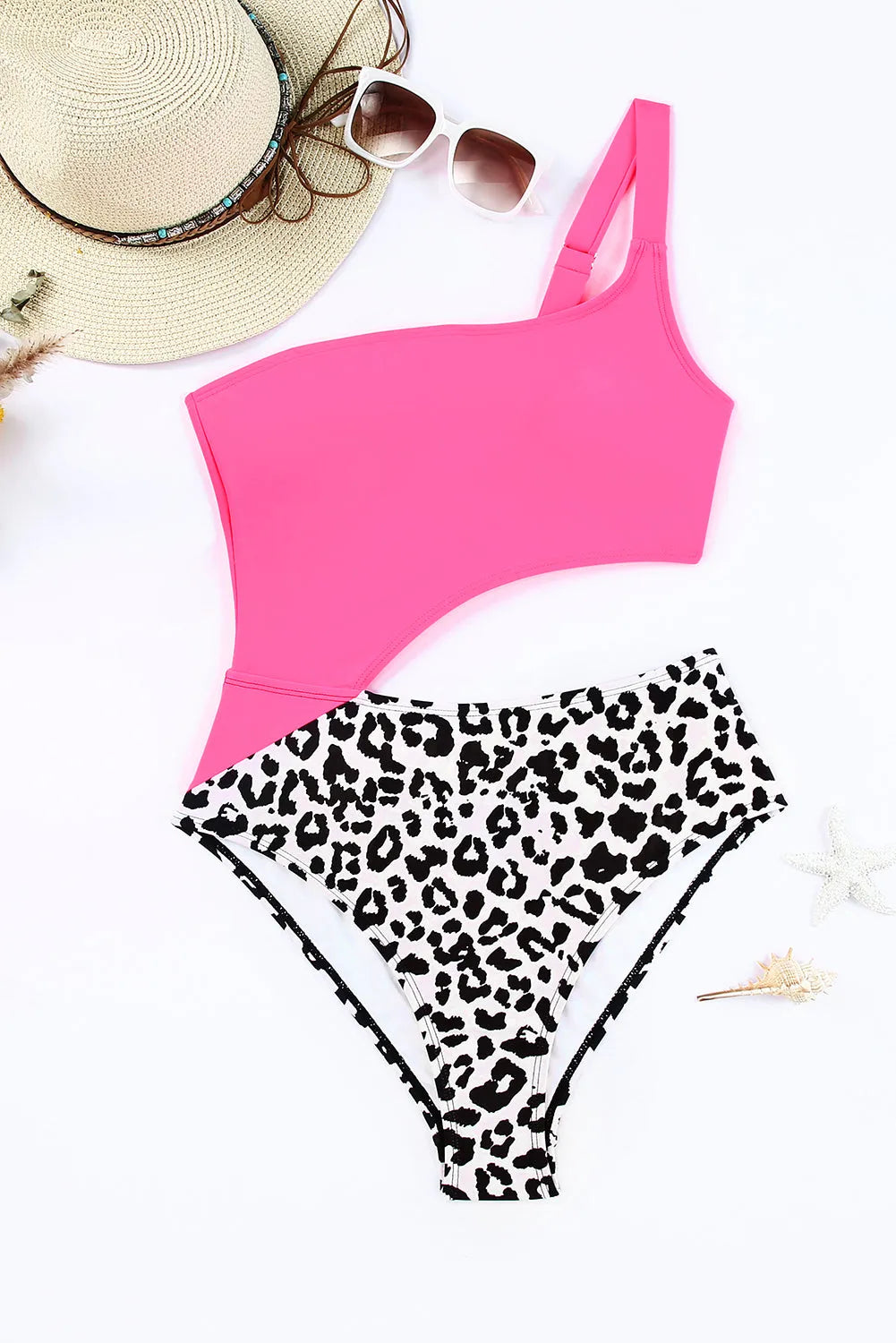 Rose Leopard Patchwork Asymmetric Cutout One Piece Swimsuit - Chic Meadow Boutique 