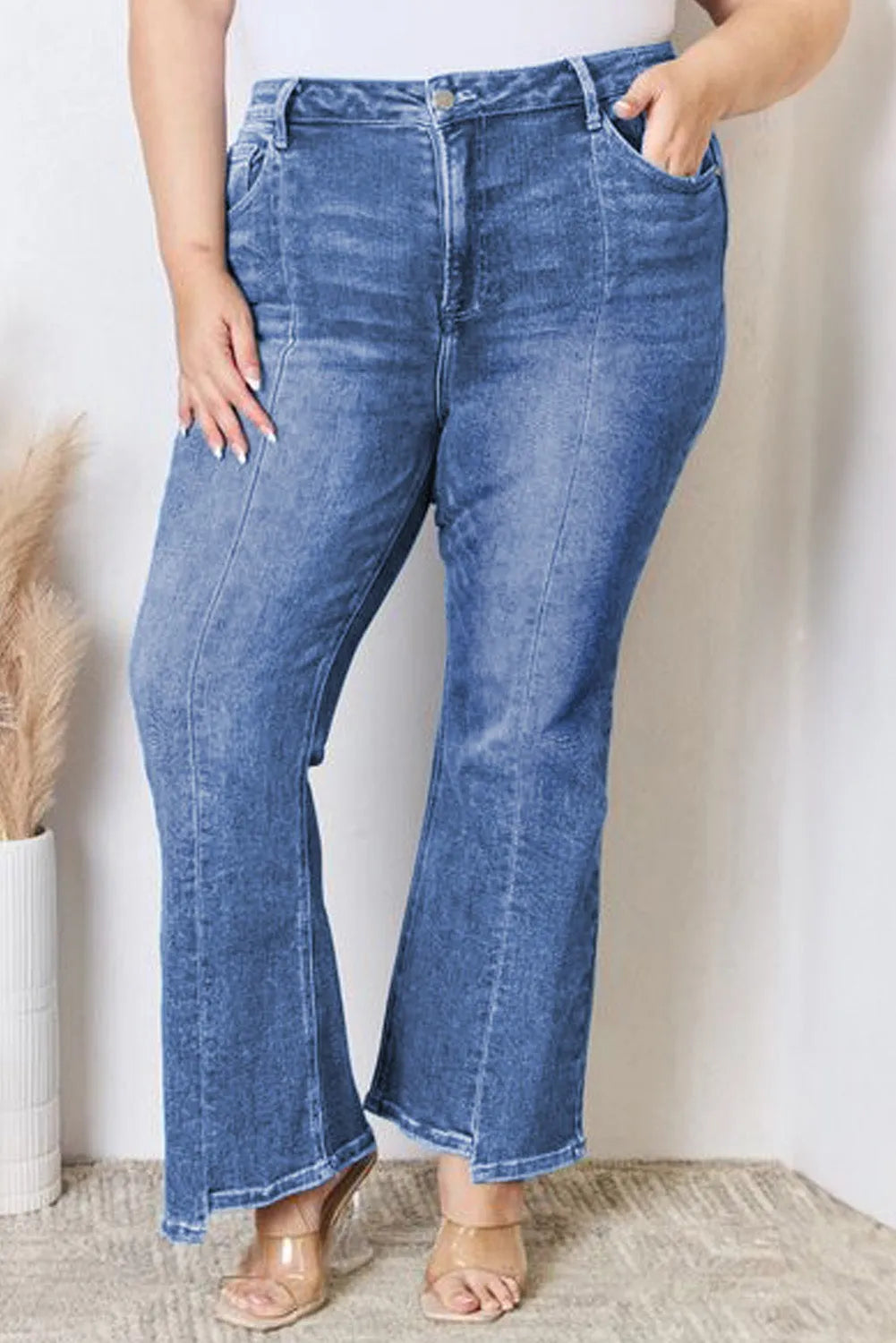 Blue Plus Size Exposed Seam High Waist Flare Jeans - Chic Meadow Boutique 