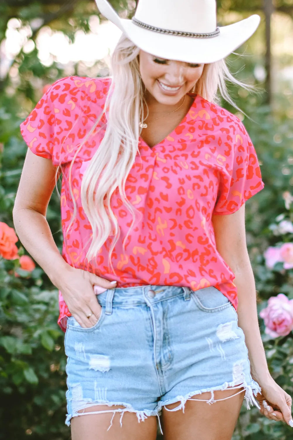 Pink Leopard V Neck Short Sleeve Blouse - Chic Meadow Boutique 