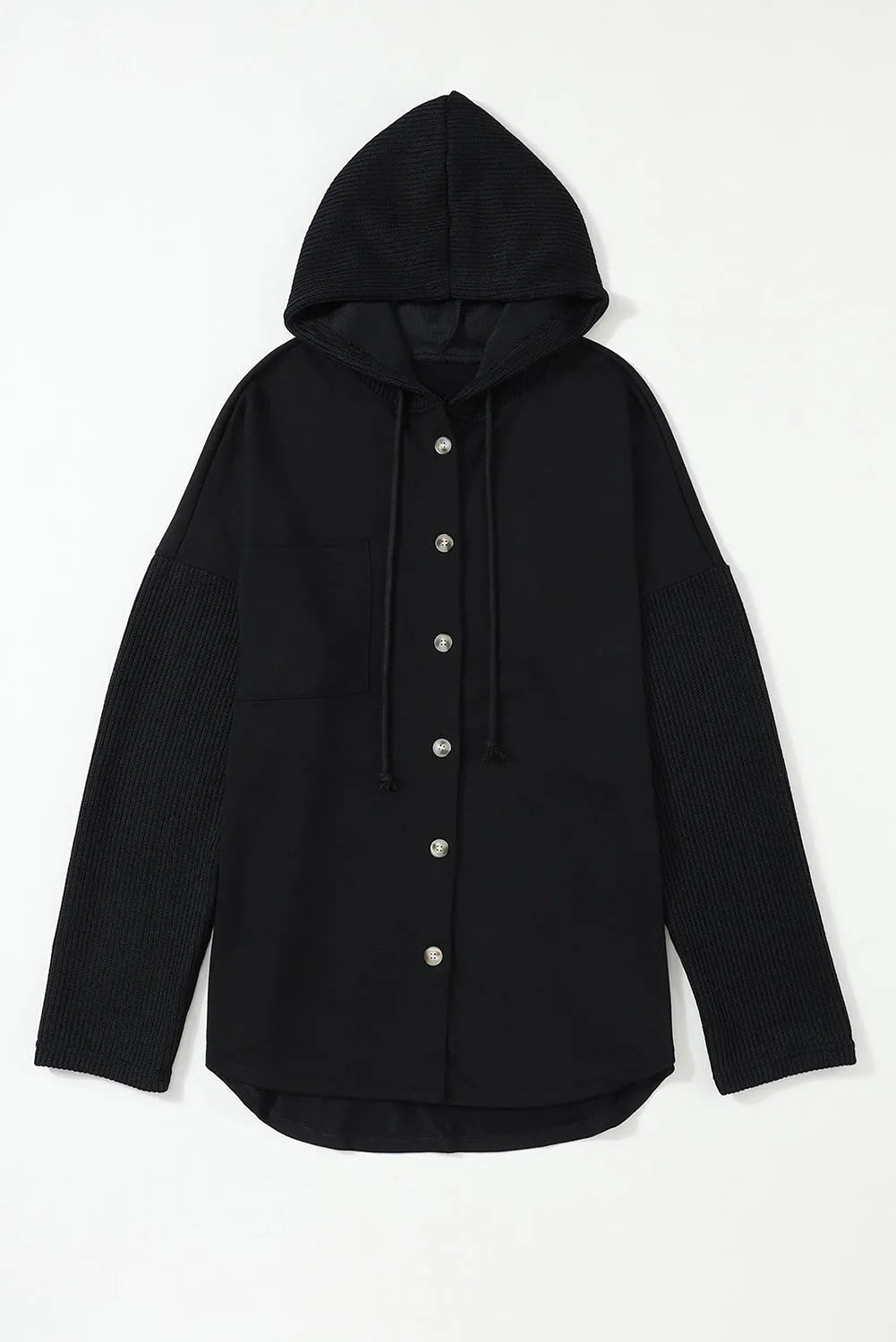 Black Button Up Contrast Knitted Sleeves Hooded Jacket - Chic Meadow Boutique 