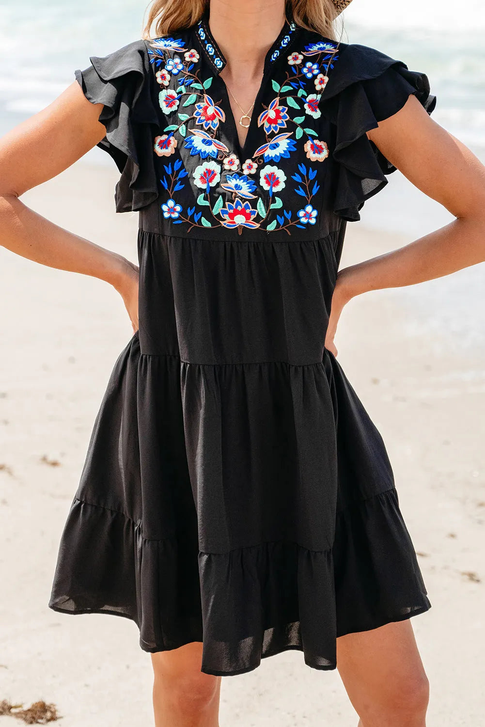 Black Floral Embroidered Tiered Ruffled Mini Dress - Chic Meadow Boutique 