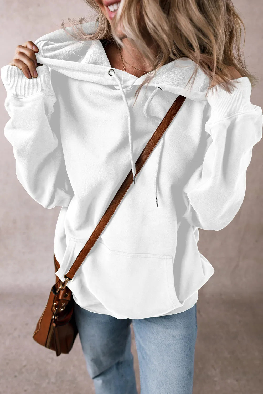 White Fleece Lined Kangaroo Pocket Drawstring Chunky Hoodie - Chic Meadow Boutique 