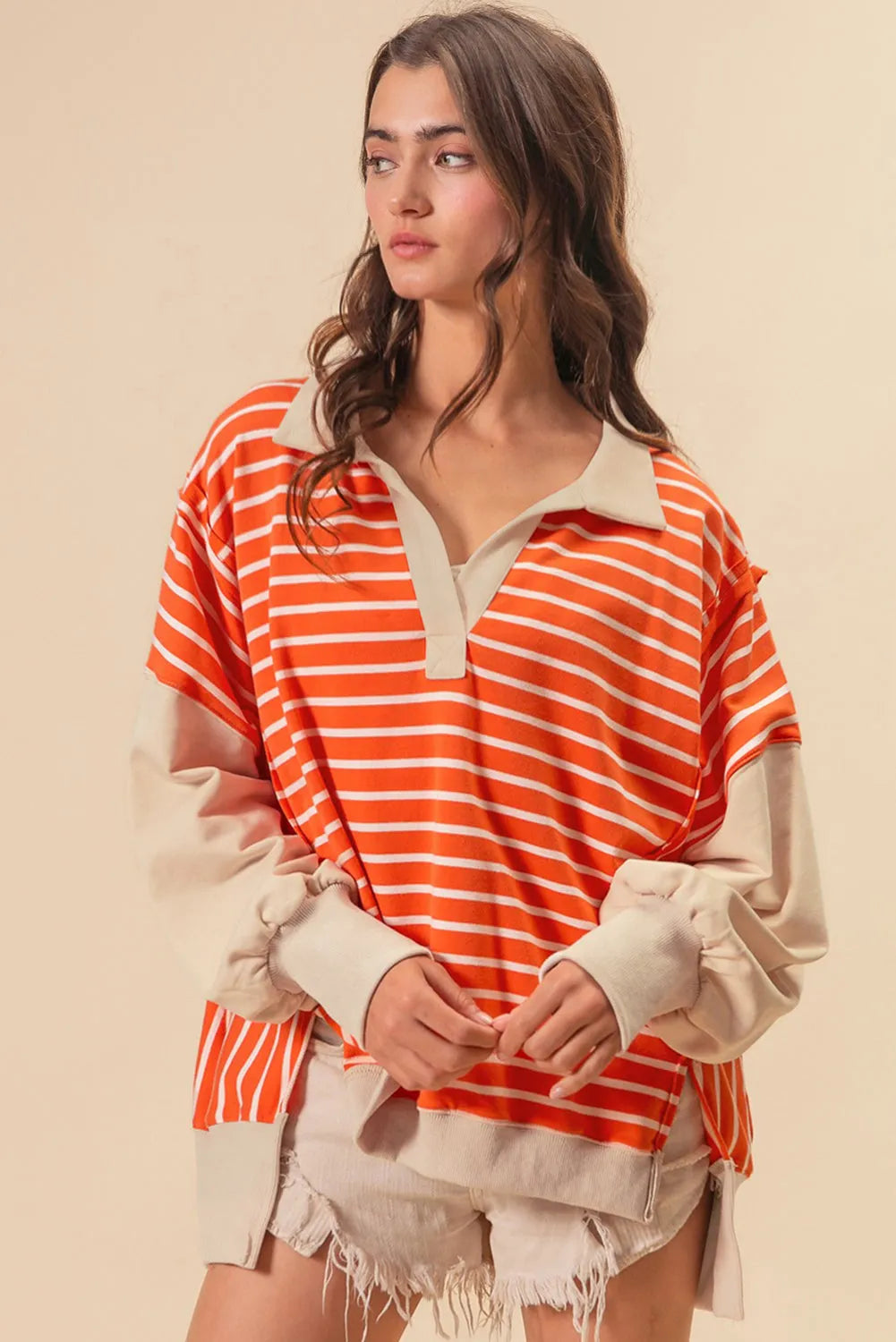 Orange Stripe Color Block Loose Fit Collared Drop Shoulder Sweatshirt - Chic Meadow Boutique 