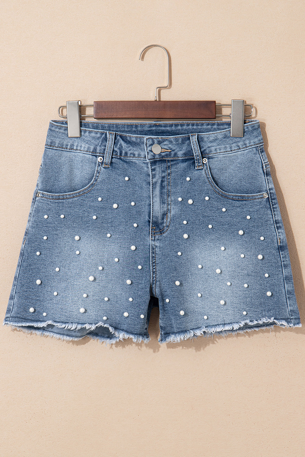 Dusk Blue Pearl Beaded Raw Hem Medium Wash Denim Shorts