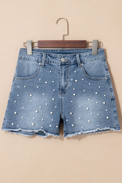 Dusk Blue Pearl Beaded Raw Hem Medium Wash Denim Shorts