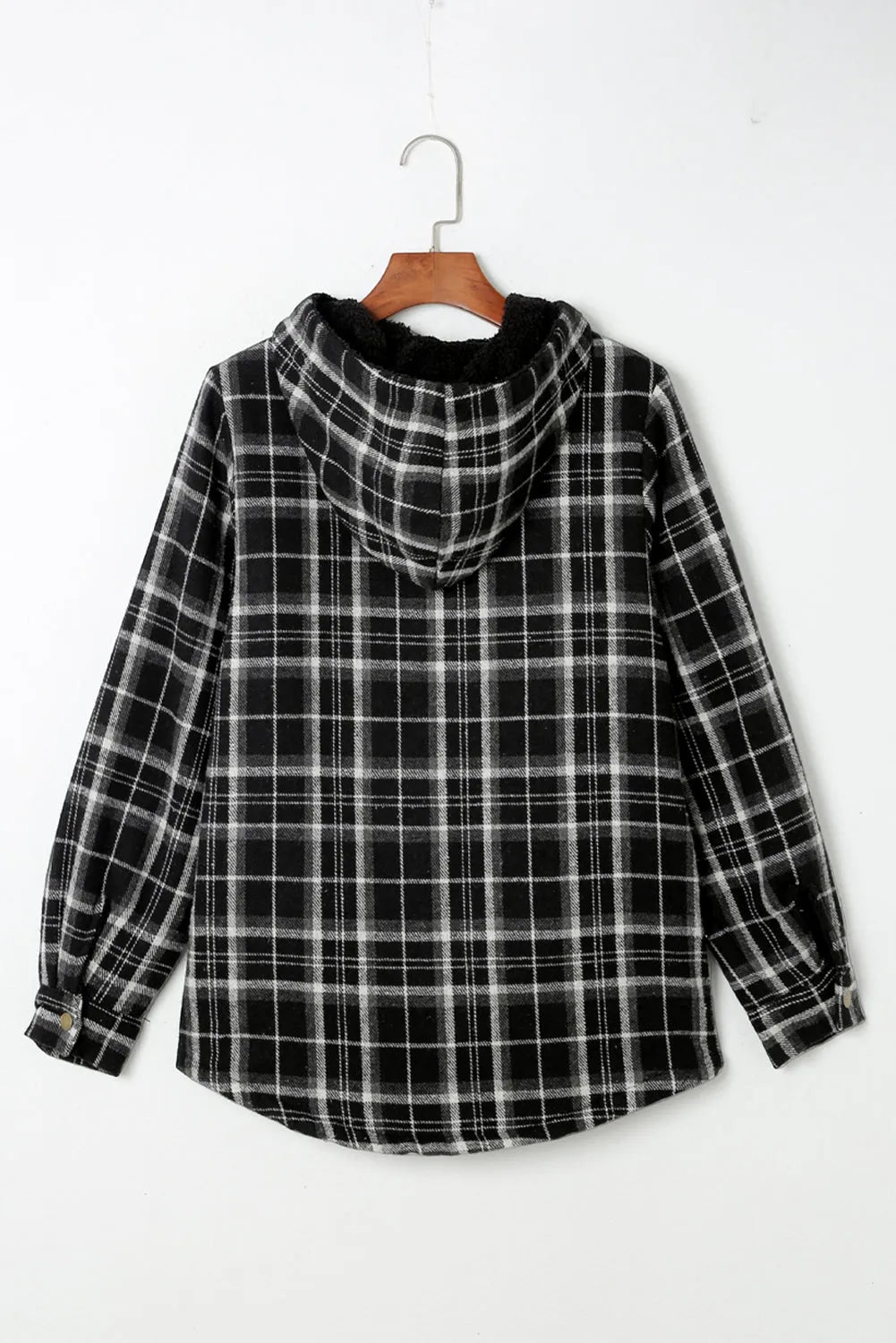 Black Plaid Pattern Sherpa Lined Hooded Shacket - Chic Meadow Boutique 