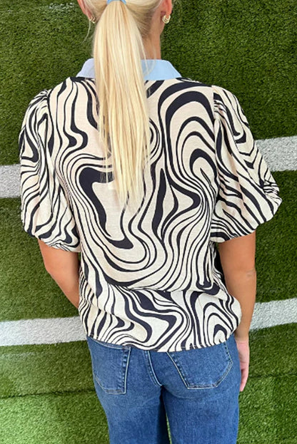White Zebra Stripe Print Contrast V-Neck Ricrac Detail Short Sleeve Blouse Top