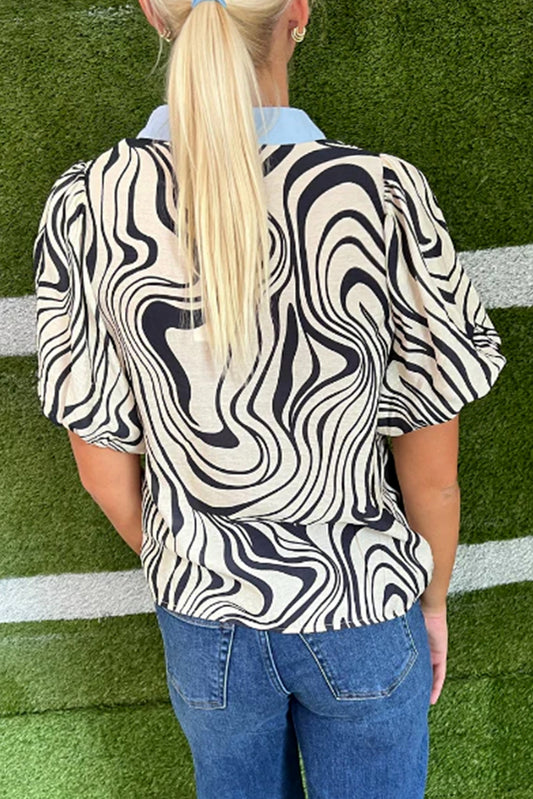 White Zebra Stripe Print Contrast V-Neck Ricrac Detail Short Sleeve Blouse Top