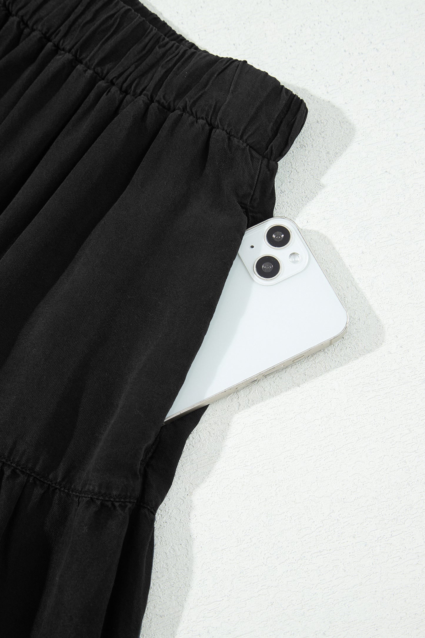 Black Elastic Waist Ruffled Tiered Flared Denim Maxi Skirt