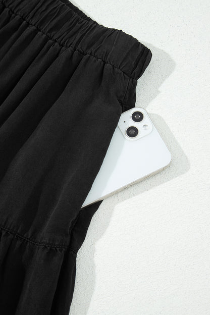 Black Elastic Waist Ruffled Tiered Flared Denim Maxi Skirt