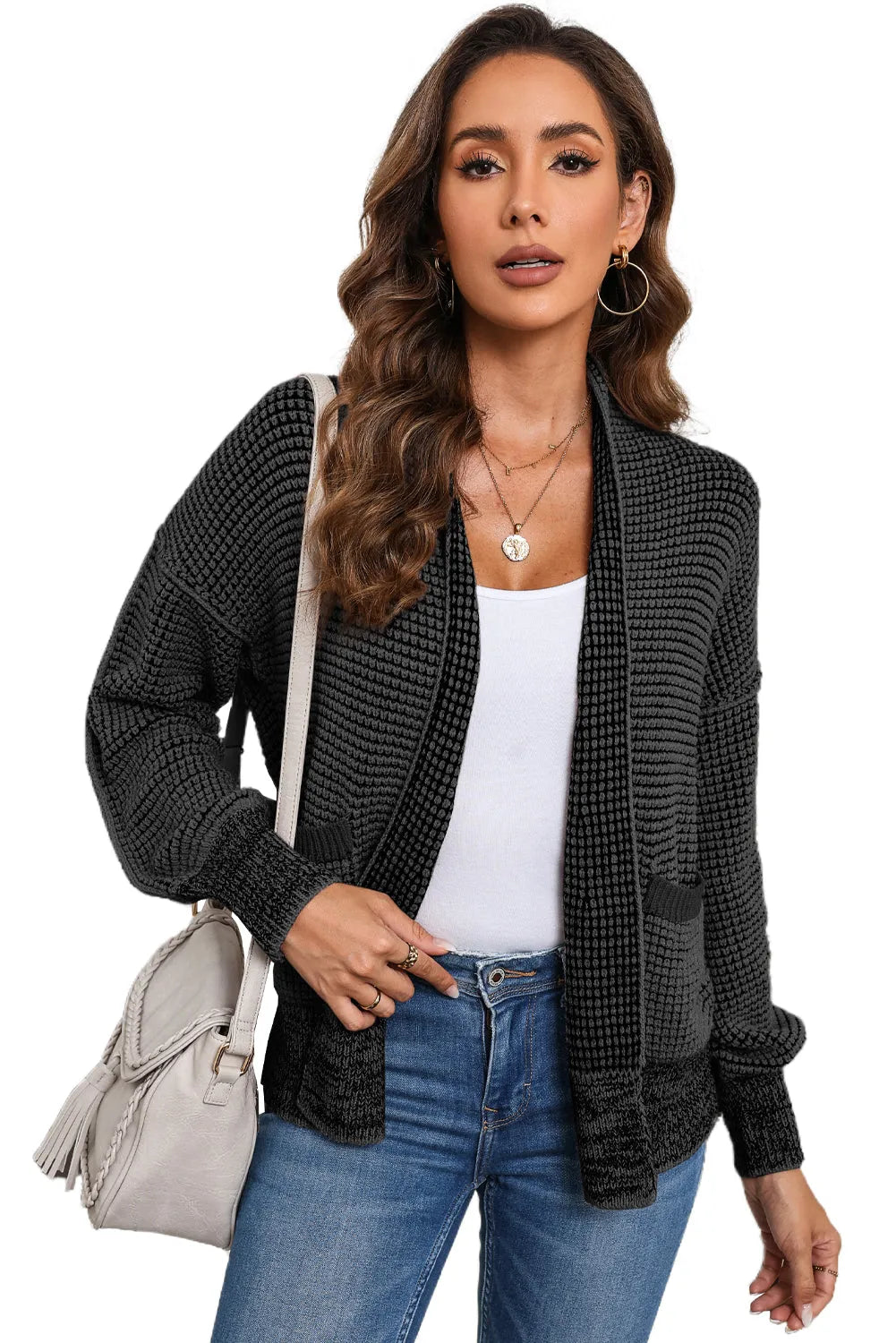 Black Chunky Waffle Knit Oversized Collar Cardigan - Chic Meadow Boutique 