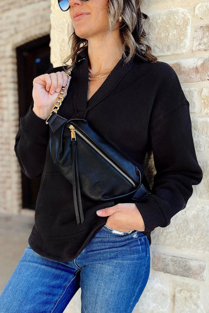 Black V Neck Collared Kangaroo Pocket Sweatshirt - Chic Meadow Boutique 