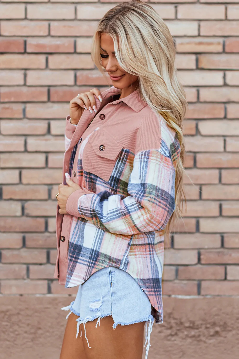 Light Pink Plaid Corduroy Patchwork Chest Pocket Shacket - Chic Meadow Boutique 