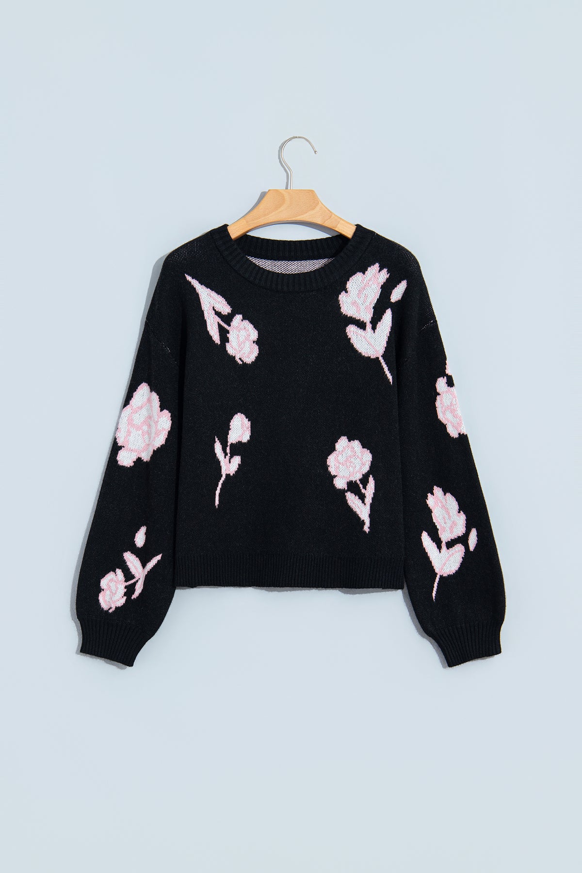 Black Floral Pattern Puff Sleeve Dropped Shoulder Pullover Sweater