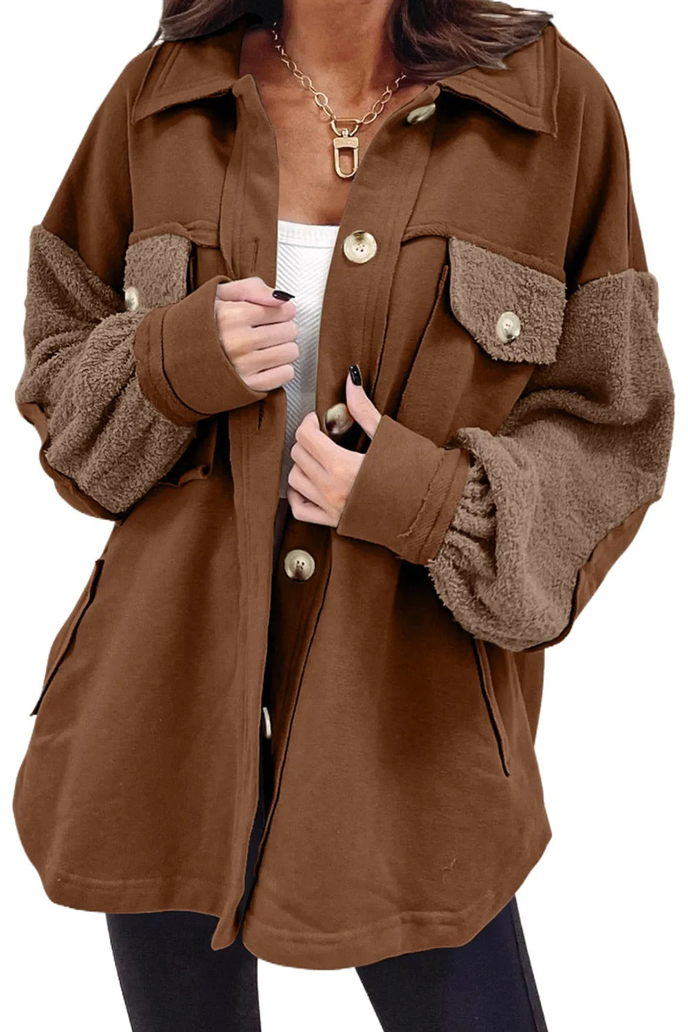 Chestnut Exposed Seam Elbow Patch Oversized Shacket - Chic Meadow Boutique 