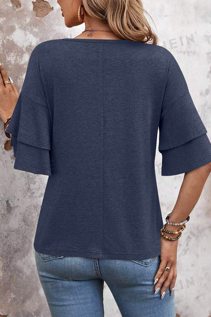 Sail Blue Solid Colour V-Neck Double Layer Sleeve Loose T-Shirt