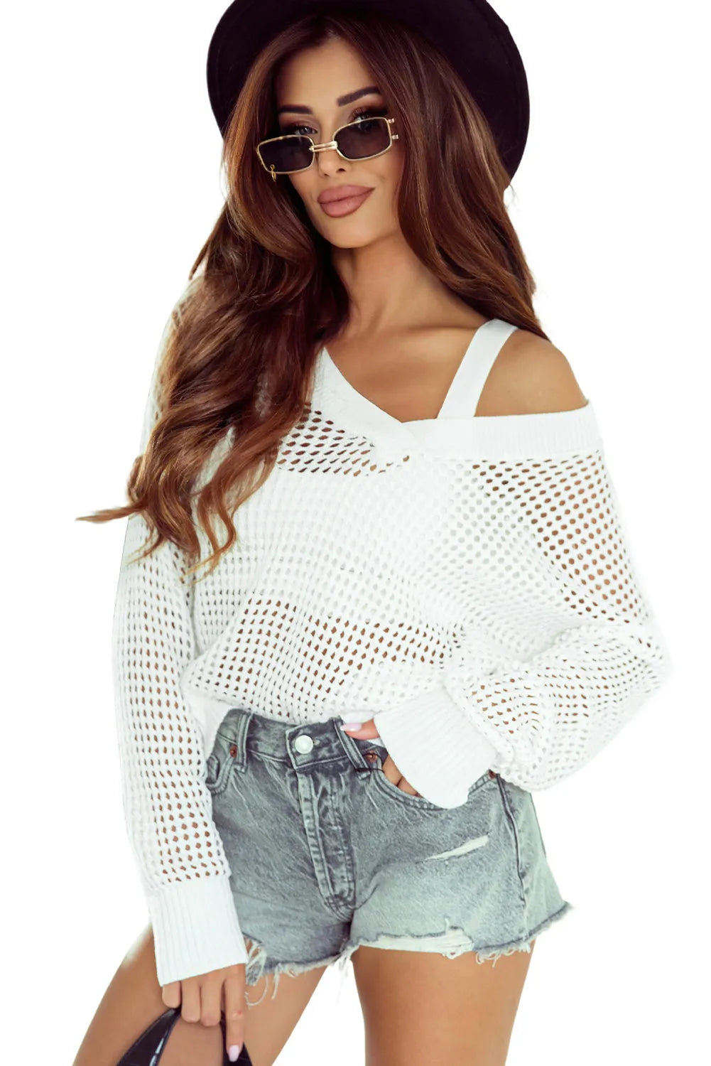 White Hollow Out Knitted Loose Fit V Neck Sweater - Chic Meadow Boutique 