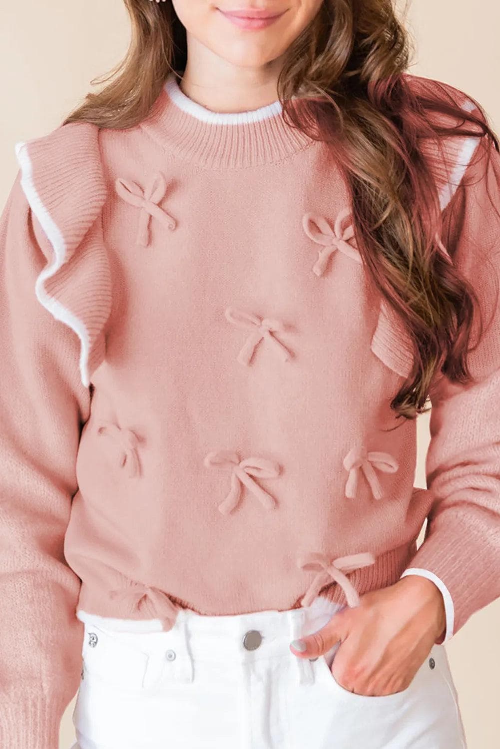 Sweaters & Cardigans/Sweaters Light Pink / S / 50%Viscose+28%Polyester+22%Polyamide Light Pink Ruffled Bowknot Ribbed Trim Long Sleeve Sweater