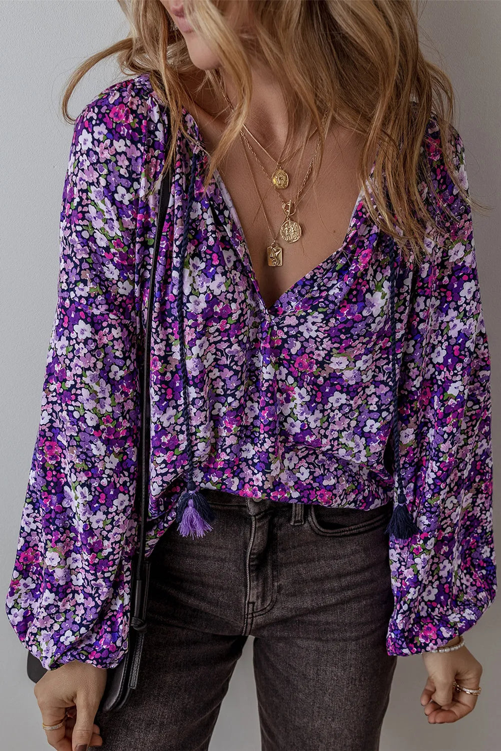 Purple Boho Flower Split V Neck Bubble Sleeve Blouse - Chic Meadow Boutique 