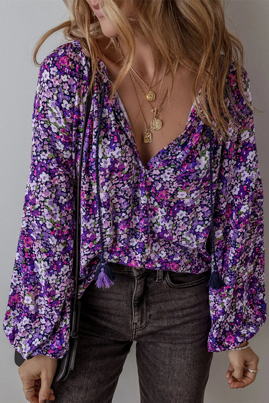 Purple Boho Flower Split V Neck Bubble Sleeve Blouse - Chic Meadow Boutique 