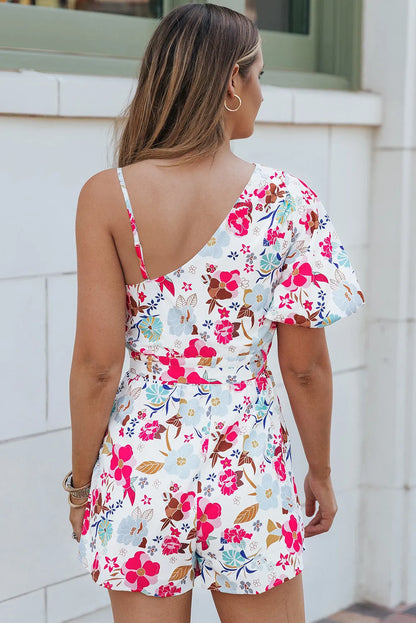 White Floral Single Bubble Sleeve Slant Shoulder Romper - Chic Meadow Boutique 