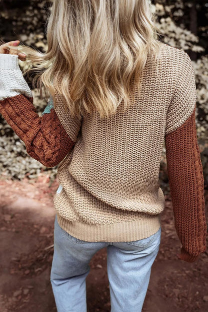 Sweaters & Cardigans/Sweaters Khaki Mix Textured Knit Colorblock Patchwork Sweater